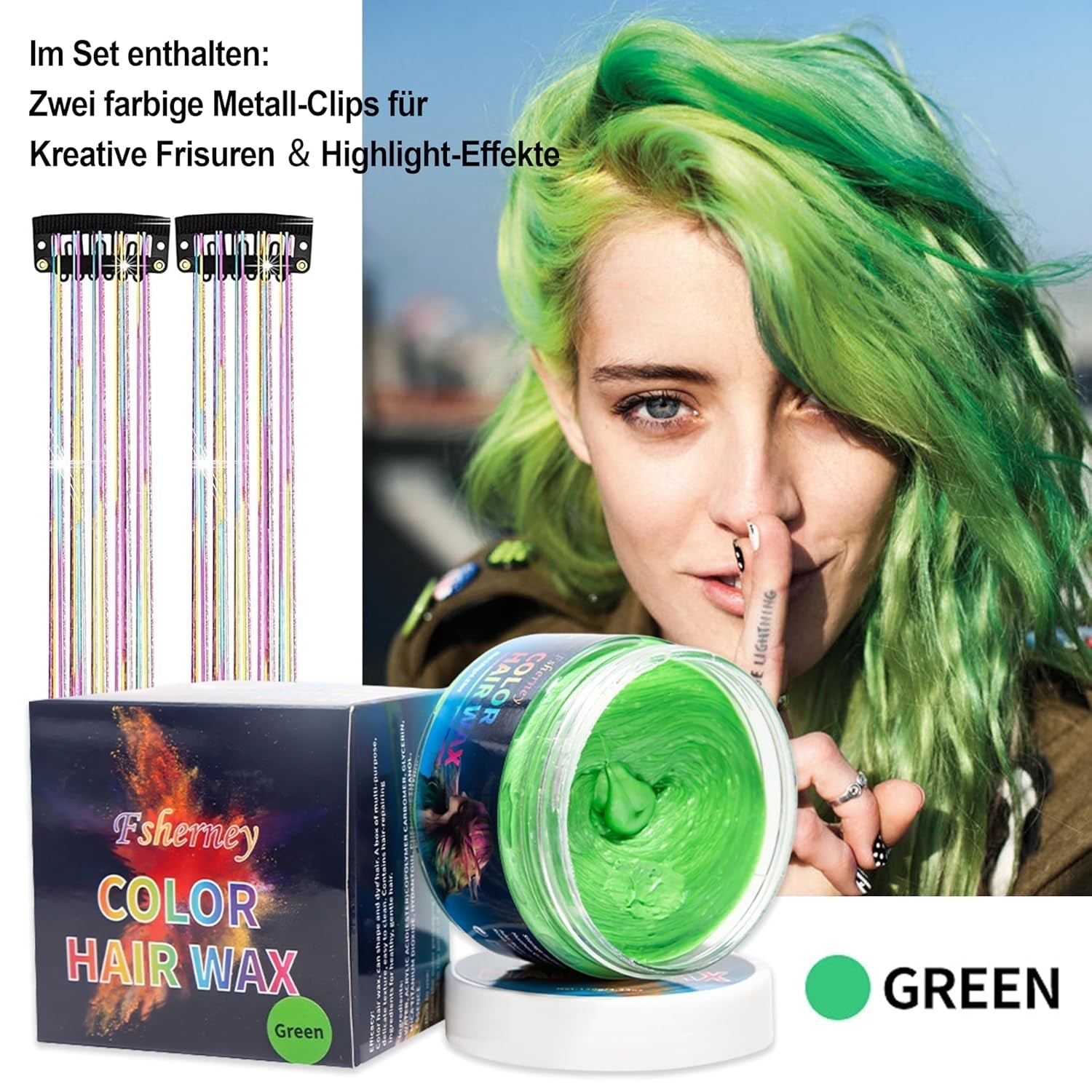 Vopsea temporară pentru păr verde - Ceară de culoare pentru păr, ton de păr pentru bărbați, femei, Pomadă pentru coafură naturală, ceară de vopsire a părului cu clip colorat pentru culoarea părului la petreceri nebune (4.23 oz, verde) Vopsea pentru par Naty Shop
