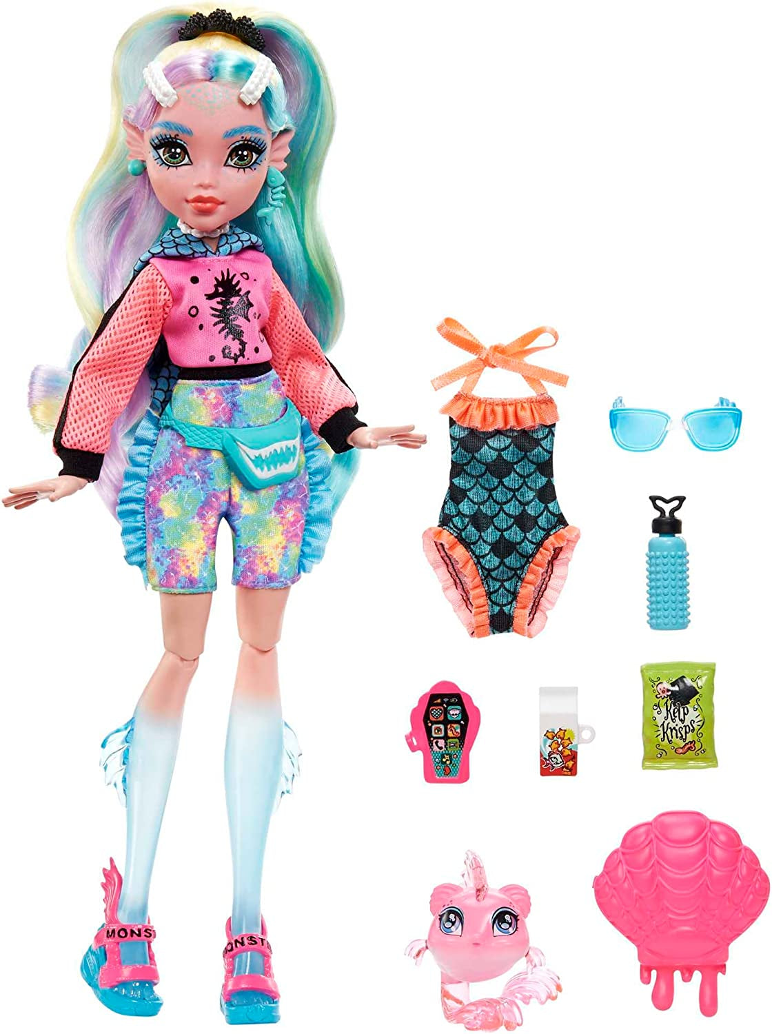 Păpușă MONSTER HIGH Lagoona Blue - hanorac roz, pantaloni scurți de bicicletă batik, sandale cu platformă, aripioare, accesorii, pentru copii cu vârsta peste 4 ani, HHK55 Papusi Naty Shop