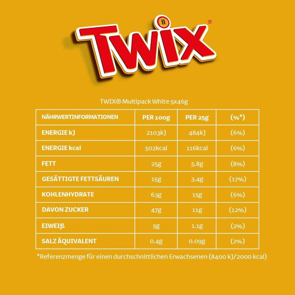 Twix bílé čokoládové tyčinky; karamel, sušenky, bílá čokoláda; více balení čokolády; 5 tyčinek (5 x 46 g)