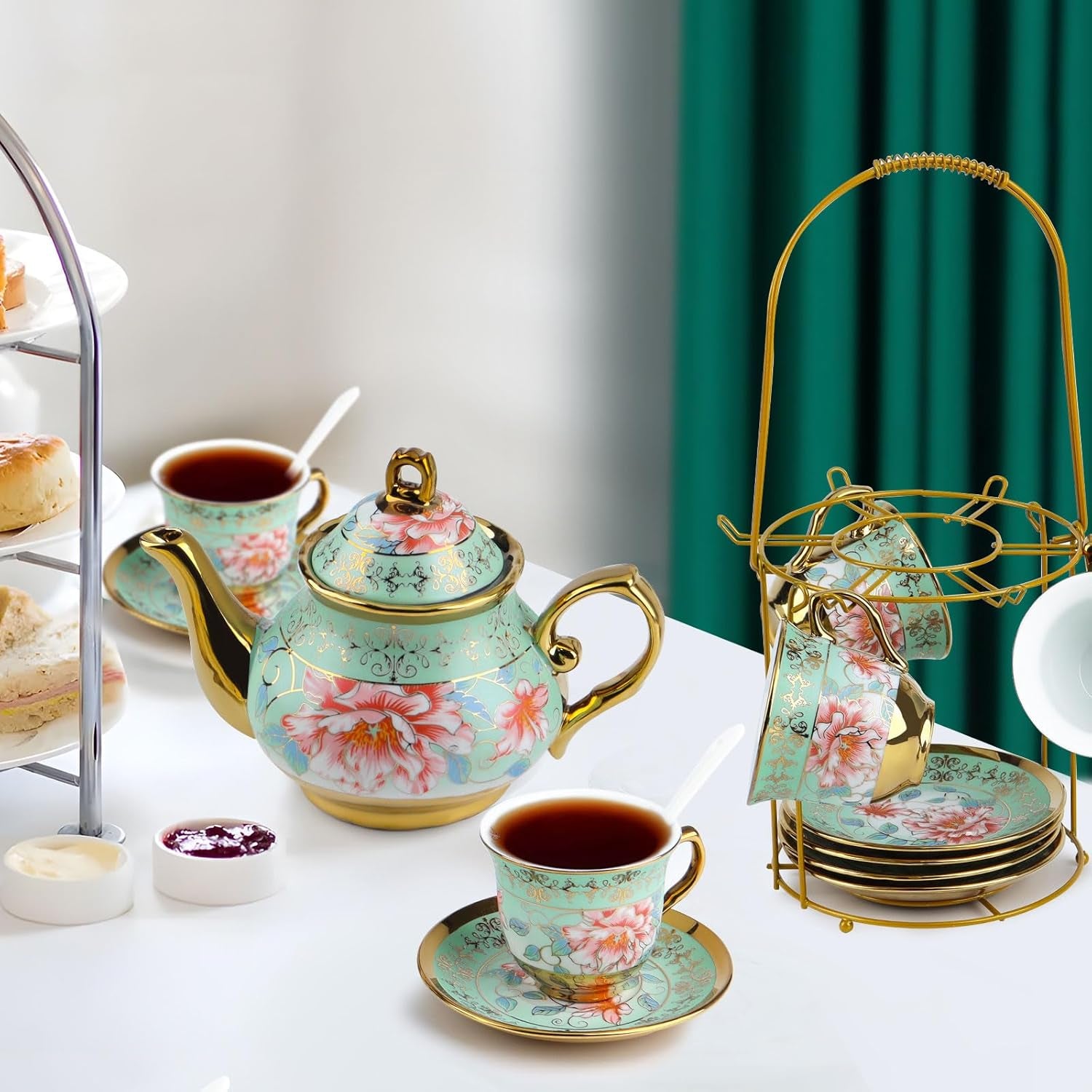 Set de ceai din ceramică cu suport metalic, set de ceai din porțelan cu 20 de piese cu motiv floral vintage, set de ceai în stil european pentru 6 persoane, ceașcă de ceai din ceramică de 160 ml, ceainic de 700 ml, pentru petreceri