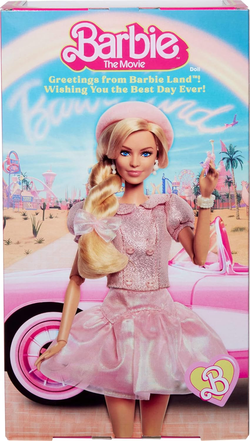 Barbie-Puppe zum Spielfilm, Margot Robbie als Barbie, Sammelfigur in rosafarbener Bluse und Tüllrock, mit gestylter Frisur und passendem Schmuck, JBJ53