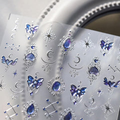 JMEOWIO 3D Nagelsticker Blauer Nail Art Sticker Selbstklebend Nagelaufkleber 5D Stereoskopisch Mondstern Dekoration Nageldesign Zubehör 1 Blatt