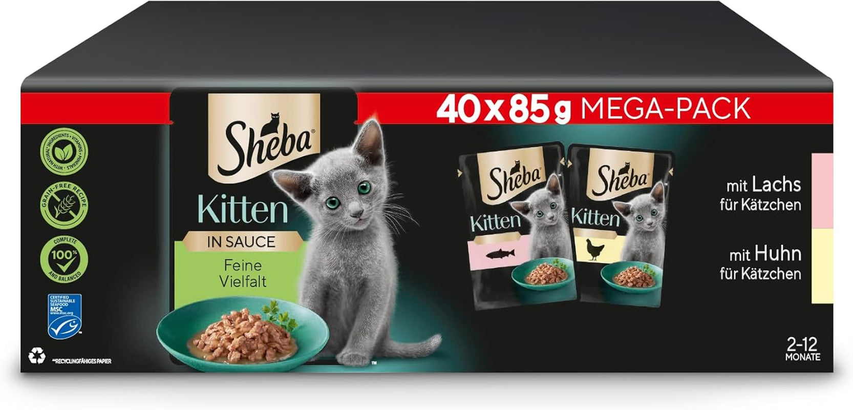 Hrană umedă Sheba pentru pisoi, în pliculețe variate, cu somon (MSC) și pui în sos, pachet multiplu 40x85g
