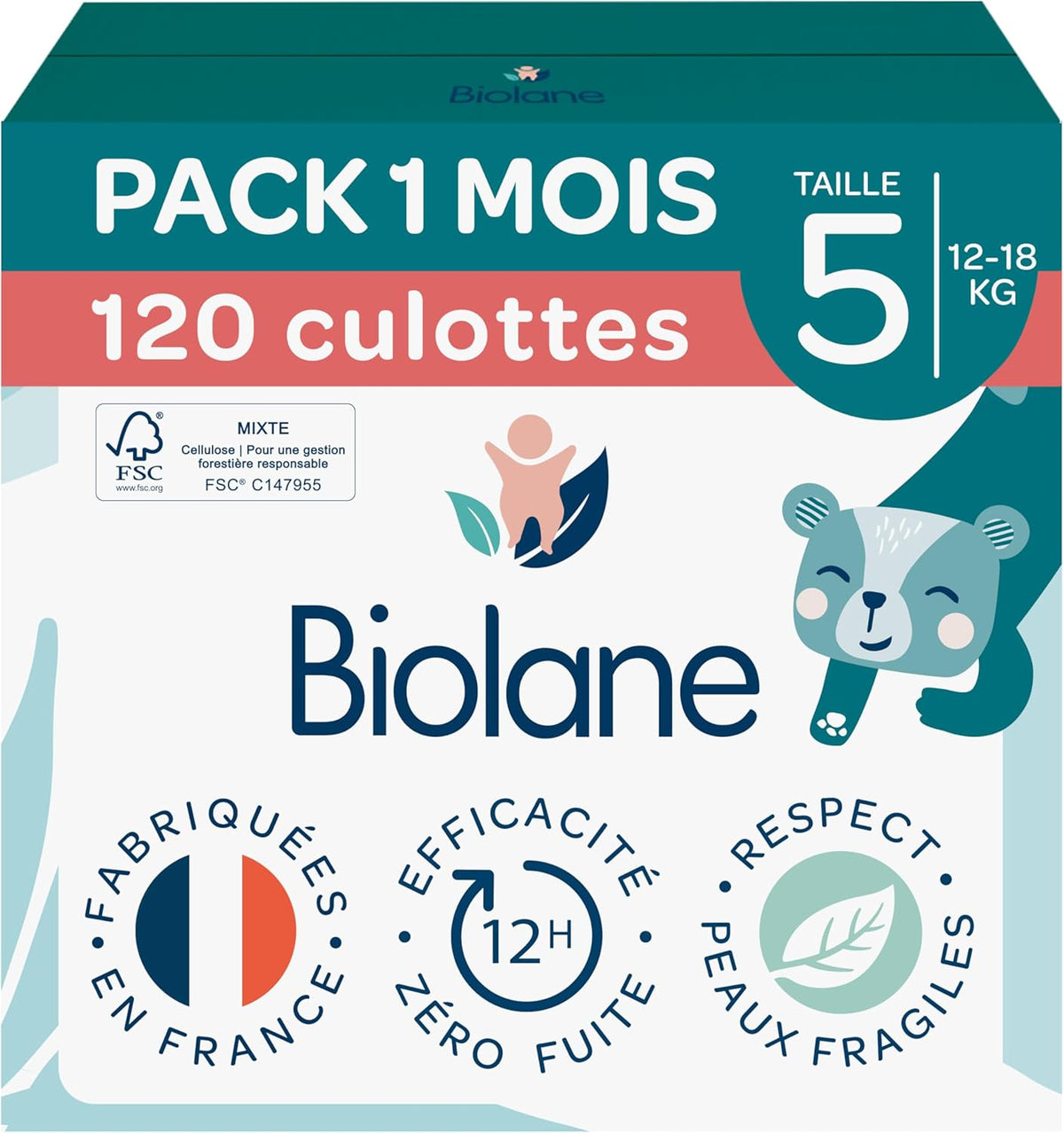 BIOLANE - Krátké plenky - Velikost 5 (12-18 kg) - těsnost 12 hodin - balení 1 měsíc - 120 plen - ekologické
