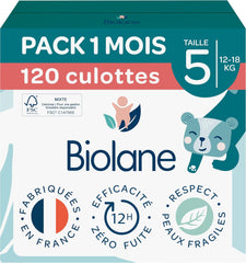 BIOLANE - Krátké plenky - Velikost 5 (12-18 kg) - těsnost 12 hodin - balení 1 měsíc - 120 plen - ekologické