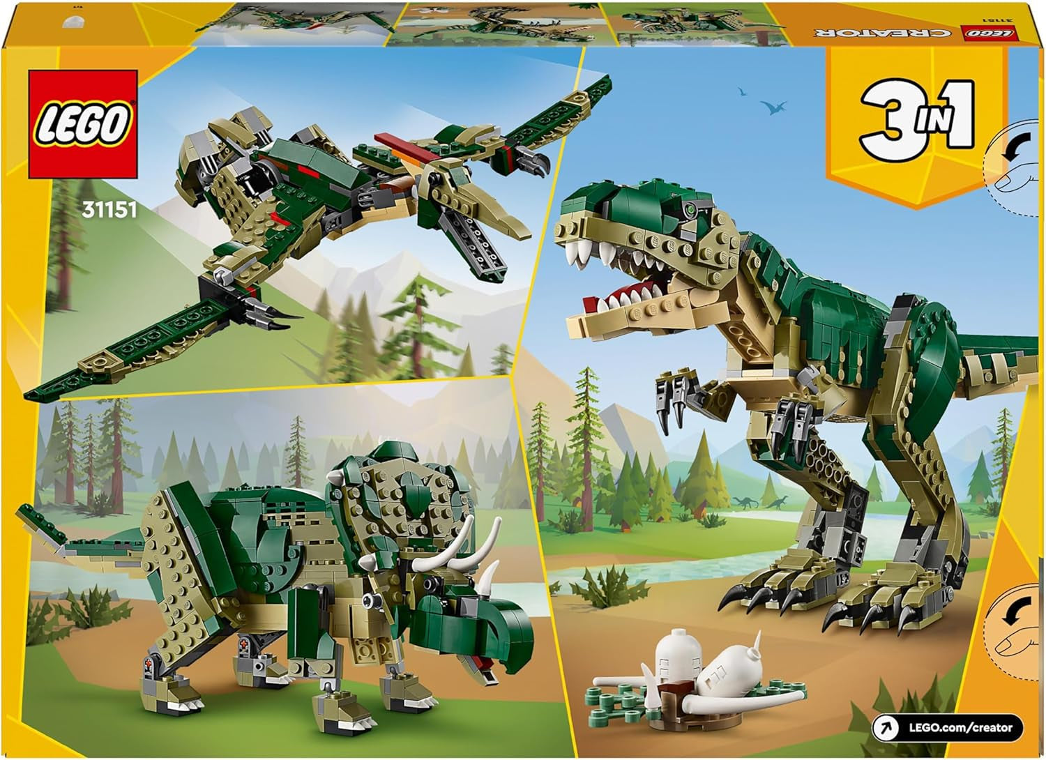 LEGO Creator T.Rex, Dino 3 v 1 Transformovatelný Triceratops nebo Pterodaktyl, Mobilní model dinosaura pro děti, Dárek pro chlapce a dívky 31151 Stavebnice Besuche den LEGO-Store
