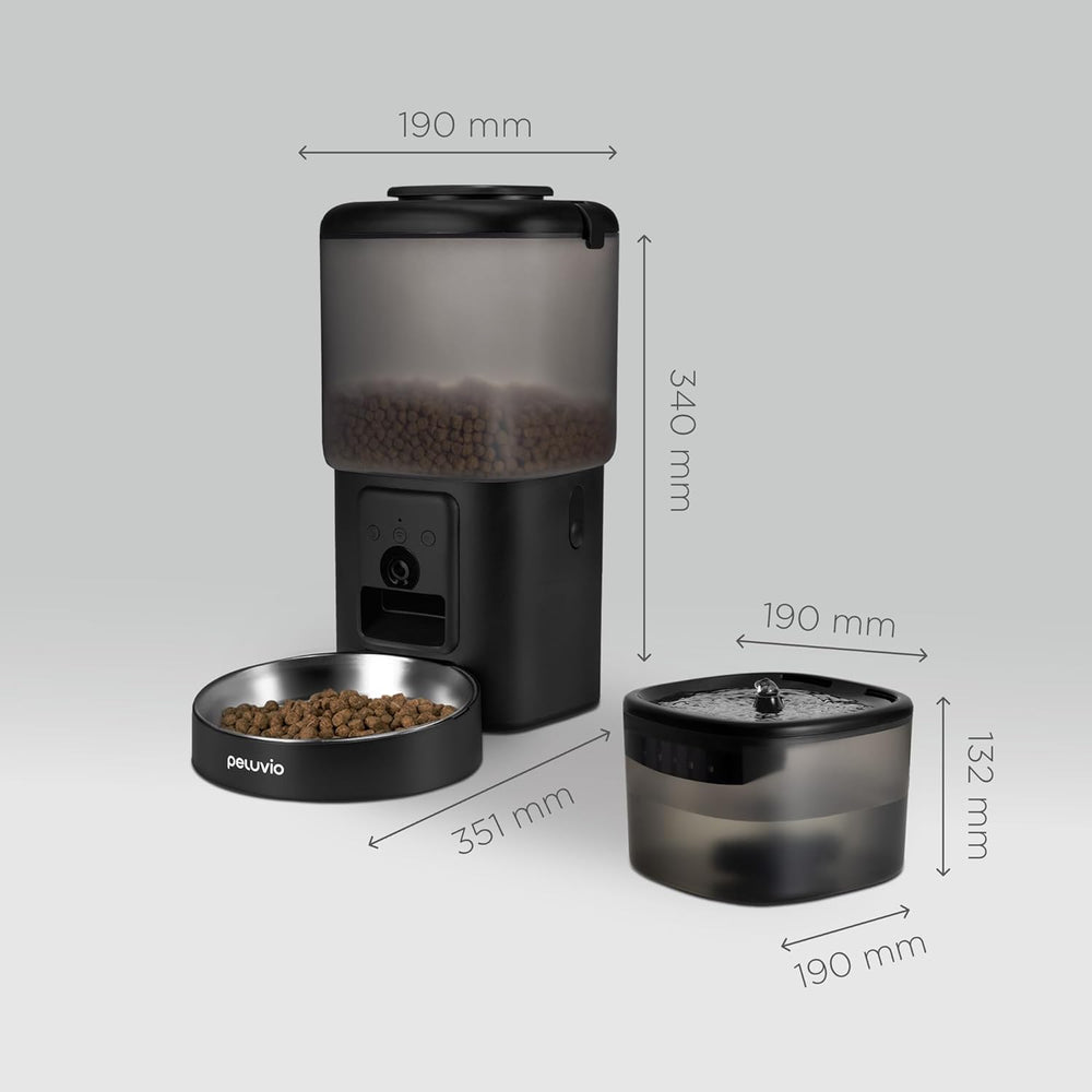 Feast Automatische Futterautomat Katze s aplikací a kamerou, Live-Video s Nachtsicht a Zwei-Wege-Audio, Portionskontrolle, Edelstahl-Napf, Katzen Trinkbrunnen s filtrem, 4,5 l a 2,5 l