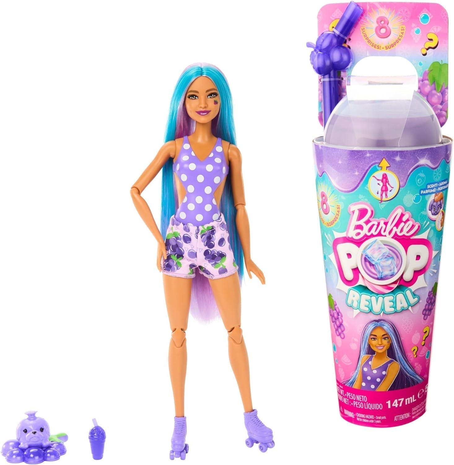 Barbie Pop Reveal Fruit - păpușă cu păr roșcat în aromă de pepene roșu, 8 surprize, fată squishy parfumată, păr și machiaj care își schimbă culoarea, pentru copii de la 3 ani, HNW43 Papusi Naty Shop Singur Parfum de grapefruit