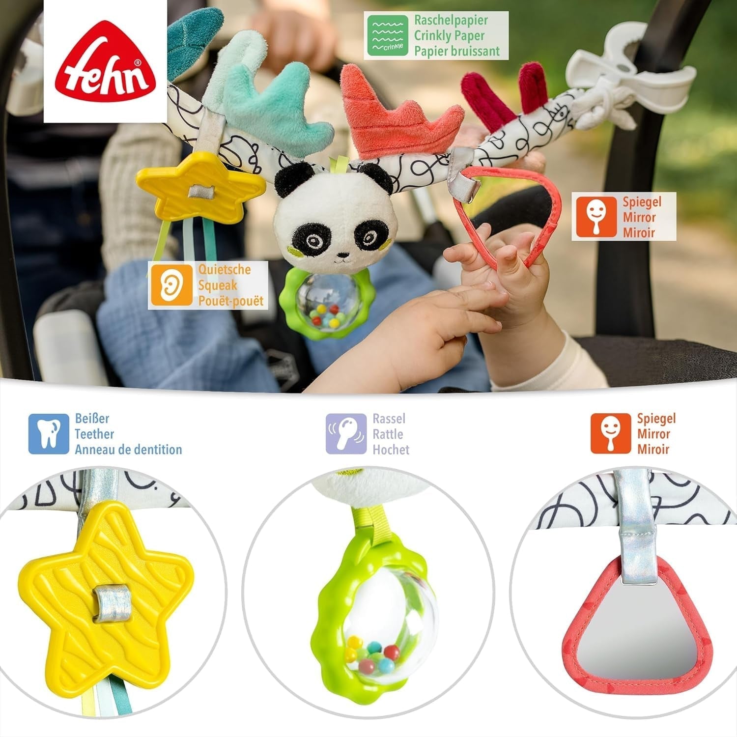 Fehn lanț mobil pentru copii Panda Baby Mobile - lanț mobil pentru copii cu figuri drăguțe - jucărie pentru copii pentru agățare flexibilă - jucărie pentru cărucior pentru bebeluși și copii mici de la 0+ luni Jucarii Bebe Naty Shop