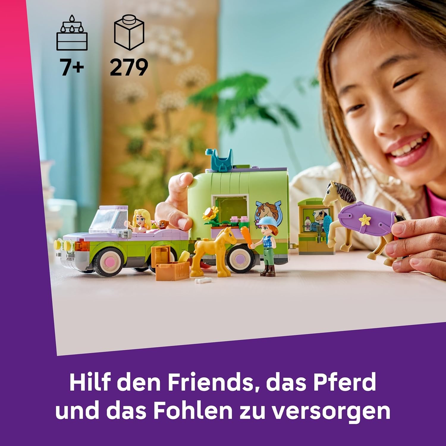 LEGO Friends Pferd und Fohlen mit Pferdeanhänger - Pferde Spielset mit Pflegezubehör, 4 Tierfiguren, Auto & 2 Mini Puppen - Geschenkeidee zum Geburtstag für Mädchen ab 7 Jahren - 42695
