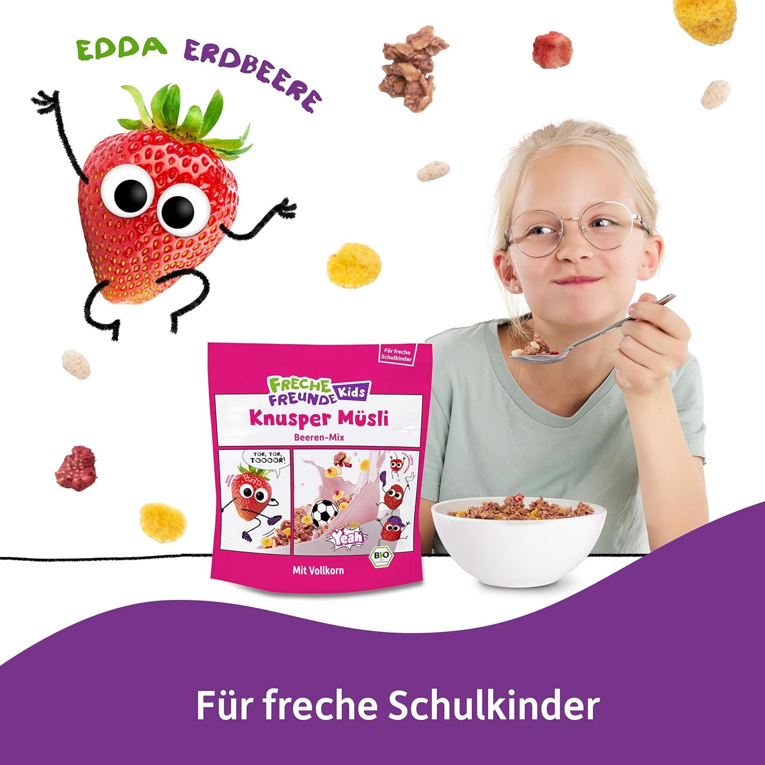 FRECHE FREUNDE Bio snídaňové müsli Edda's Berry Křupavá müsli směs pro školáky s lyofilizovanými jahodami Vegan 6 balení (6 x 280 g)