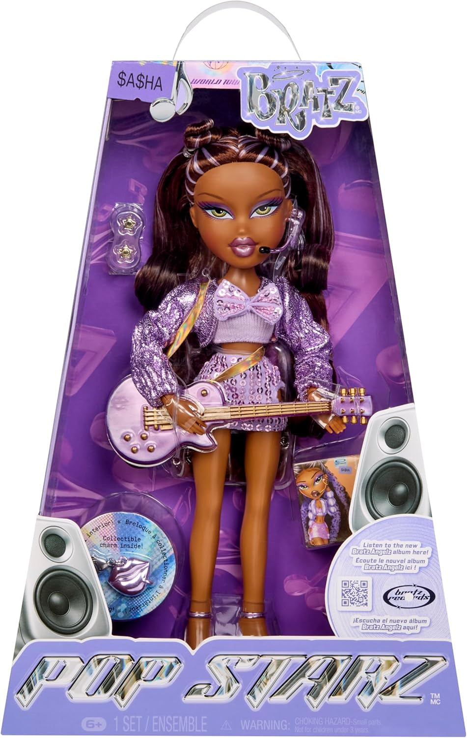BRATZ Pop Starz Sasha – Păpușă la modă cu breloc de colecție, ținută și accesorii muzicale