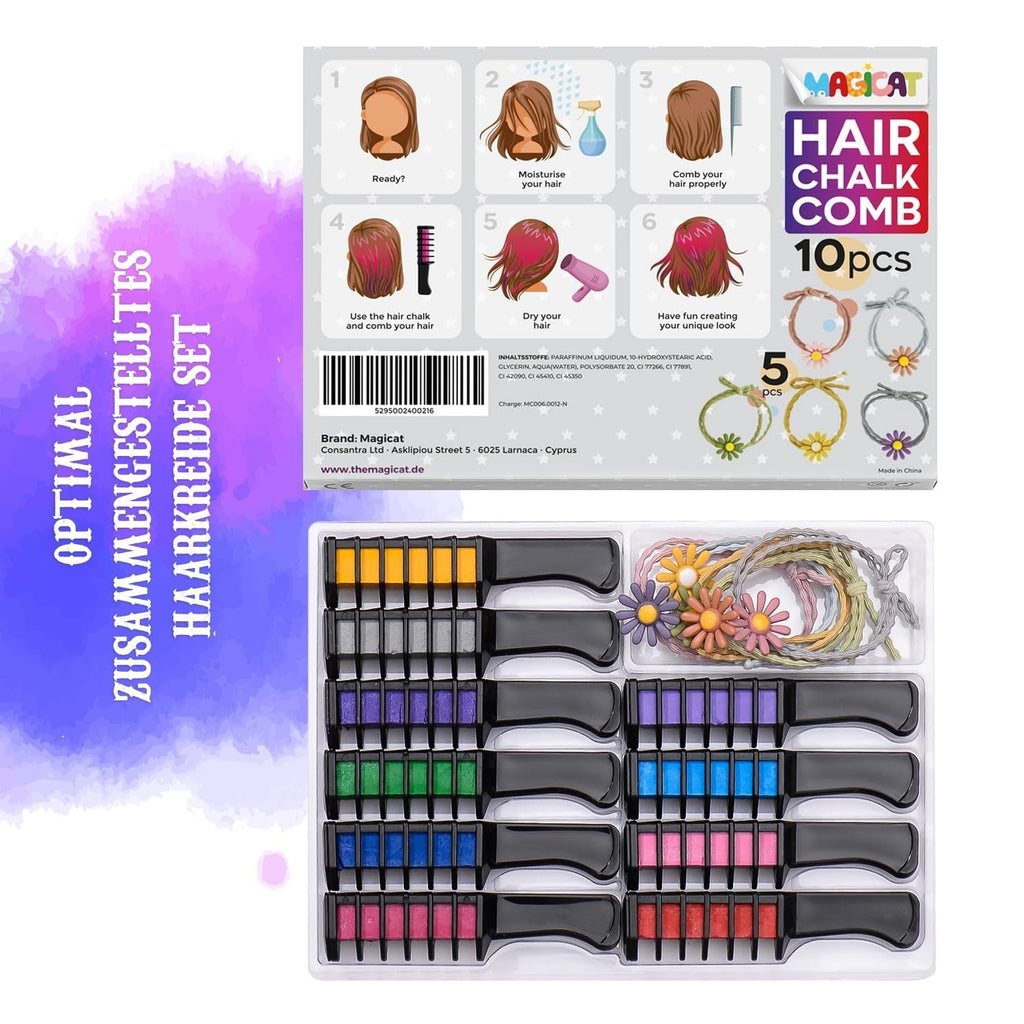 Magicat cretă de păr pentru fete set I 10 culori lavabile și 5 legături de păr I Cadou pentru fete de la 4 ani la 10 ani I Cadou creativ pentru petrecerea aniversară a copiilor 2025 I Sigur și colorat Vopsea pentru par Naty Shop