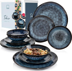 SÄNGER | Set de veselă Tokyo cu 12 piese, set de veselă din gresie pentru 4 persoane, inclusiv farfurii de cină, farfurii de desert și boluri, albastru închis cu accente negre | COLECȚIA PREMIUM