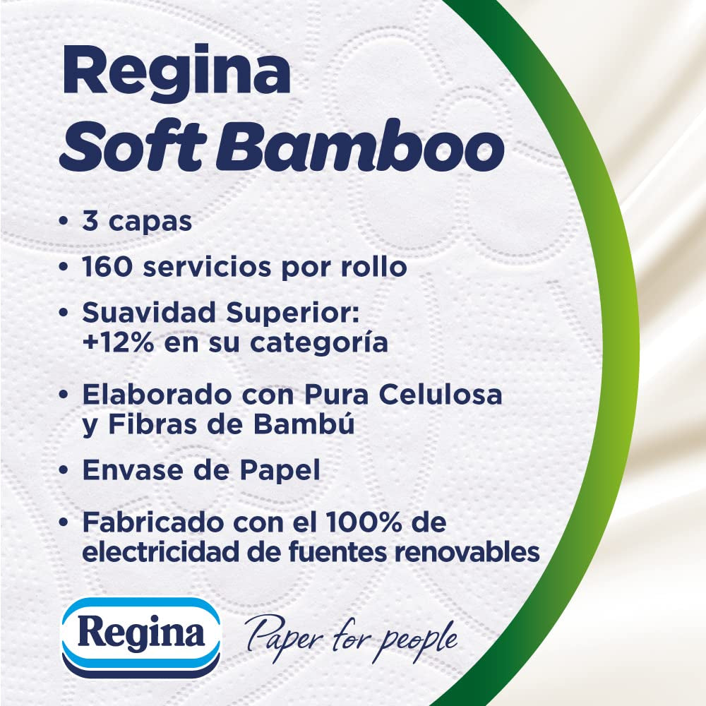 Hârtie igienică Regina Soft din bambus, 8 role, 3 straturi, 160 foi, Moliciune naturală pentru pielea ta, Hârtie igienică din fibre de bambus, Ambalaje din hârtie, Certificat Fsc