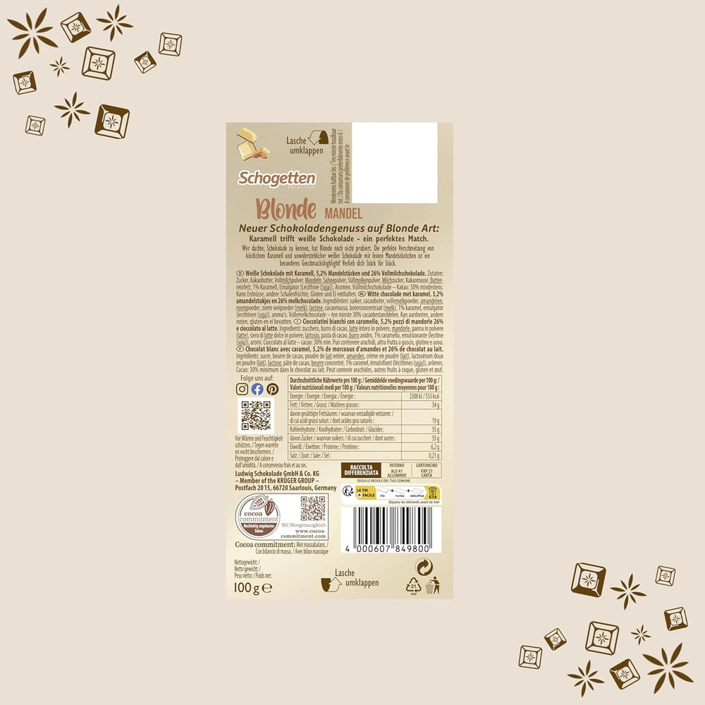 Schogetten Blonde Mandle | Bílá čokoláda s karamelem a kousky mandlí | 100 g | Pohodlné porcování (balení po 2 kusech)