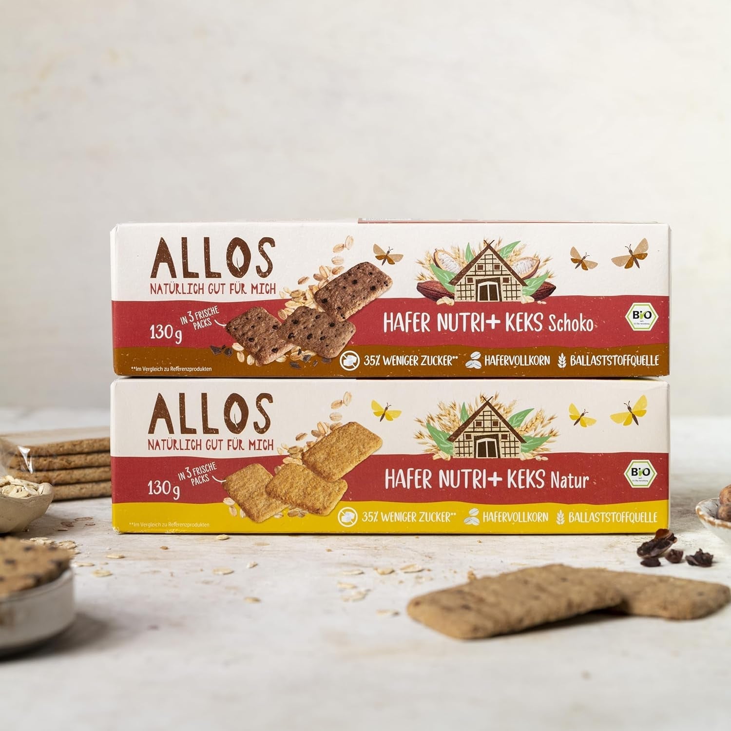 Biscuiți cu ovăz și ciocolată bio Allos | Biscuit crocant cu ovăz integral și ciocolată | Îndulciți cu miere | 6 x 130 g