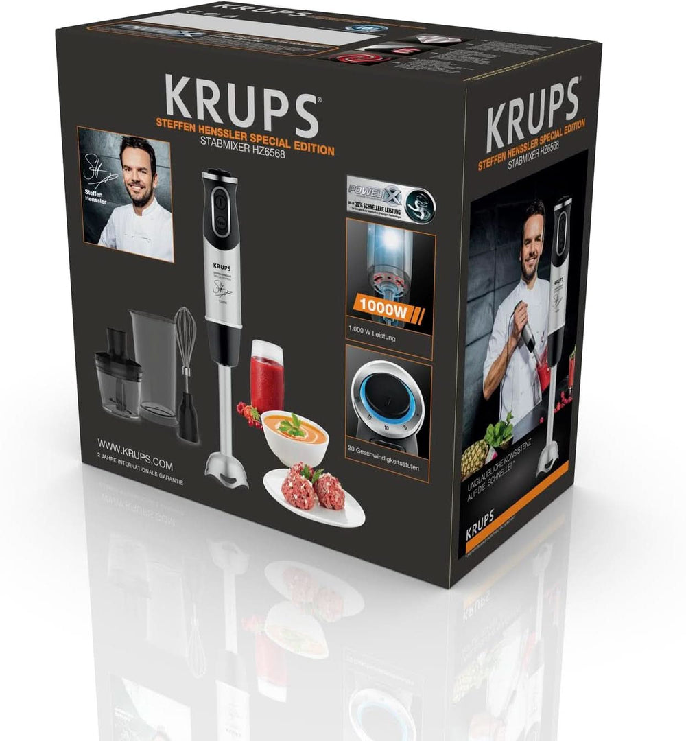 Krups Perfect Mix Stojanový mixér HZ6568 | Mixér | 1000 Watt | Edelstahlfuß | 4 Extra Scharfe Messer | Technologie Powelix | Schneebesen | 500 ml Zerkleiner | 800 ml Messbecher | Schwarz/Silber Kitchen Naty Shop