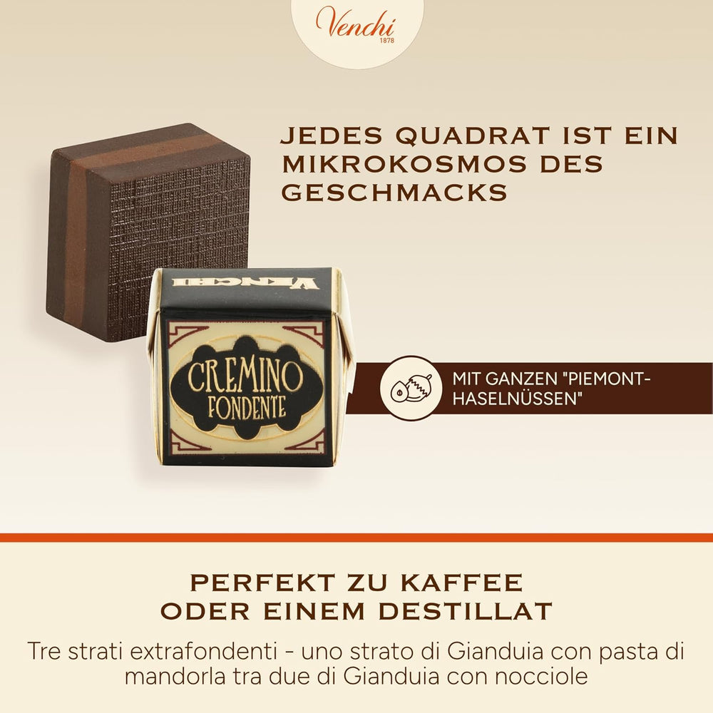 Venchi - Cremino Extra Black Chocolate - Hořká čokoláda s mandlovou pastou a "Piedmontese lesní lískové oříšky CHZO", 1 kg, bez lepku, bez barviv a bez konzervantů