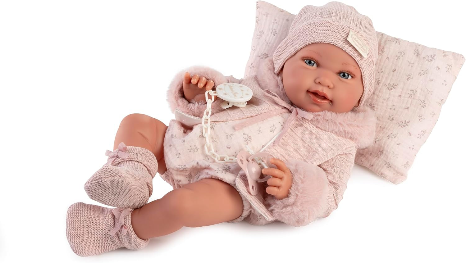 Antonio Juan Puppen für Neugeborne, Winterpfeife, realistické babypuppe, 42 cm, s růžovým oblečením, dudlík a polštář v ceně