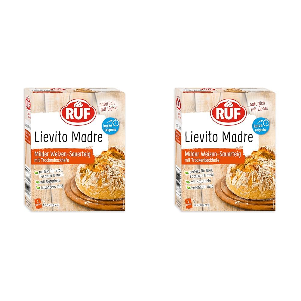 RUF Lievito Madre Sauerteig, Milder Weizen-Sauerteig, Mutterteig, Kurze Teigruhe Durch Enthaltene Trockenhefe, Lievito Madre Getrocknet Für Brot, Bageta, Focaccia, 3X35G Směs na pečení a vaření Naty Shop 35 G (6Er Teigruhe Pack) Kurze