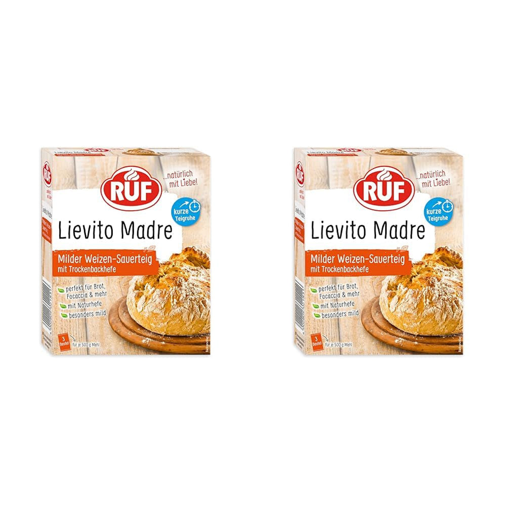 RUF Lievito Madre Sauerteig, Milder Weizen-Sauerteig, Mutterteig, Kurze Teigruhe Durch Enthaltene Trockenhefe, Lievito Madre Getrocknet Für Brot, Bageta, Focaccia, 3X35G Směs na pečení a vaření Naty Shop 35 G (6Er Teigruhe Pack) Kurze