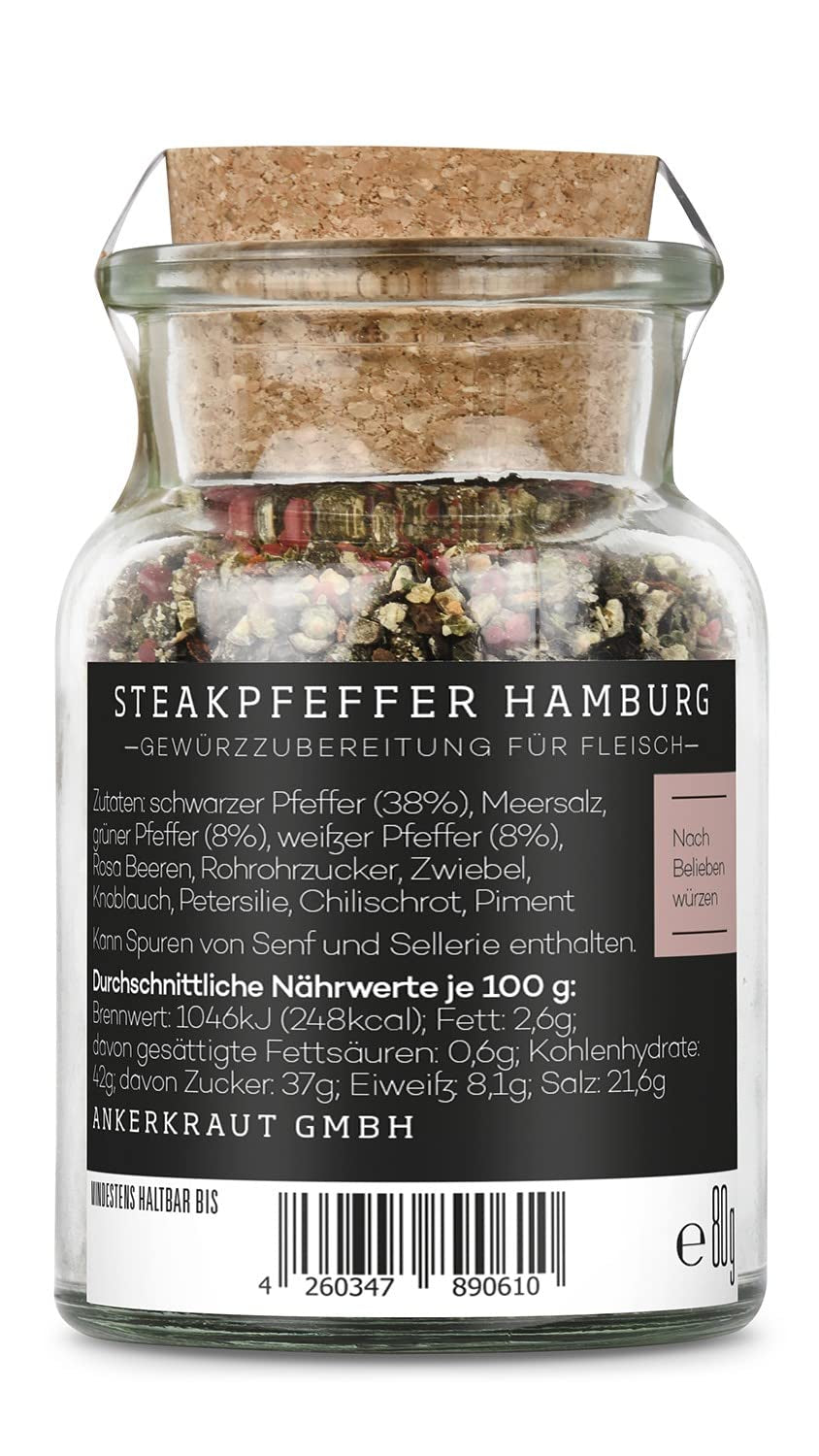 Ankerkraut Steakpfeffer Hamburg, Pfefferkörner Hausmischung, Grober Steakhouse-Pfeffer, frische Note, Universal Allrounder, Lecker Kochen mit Qualität, 80 g v Korkenglas