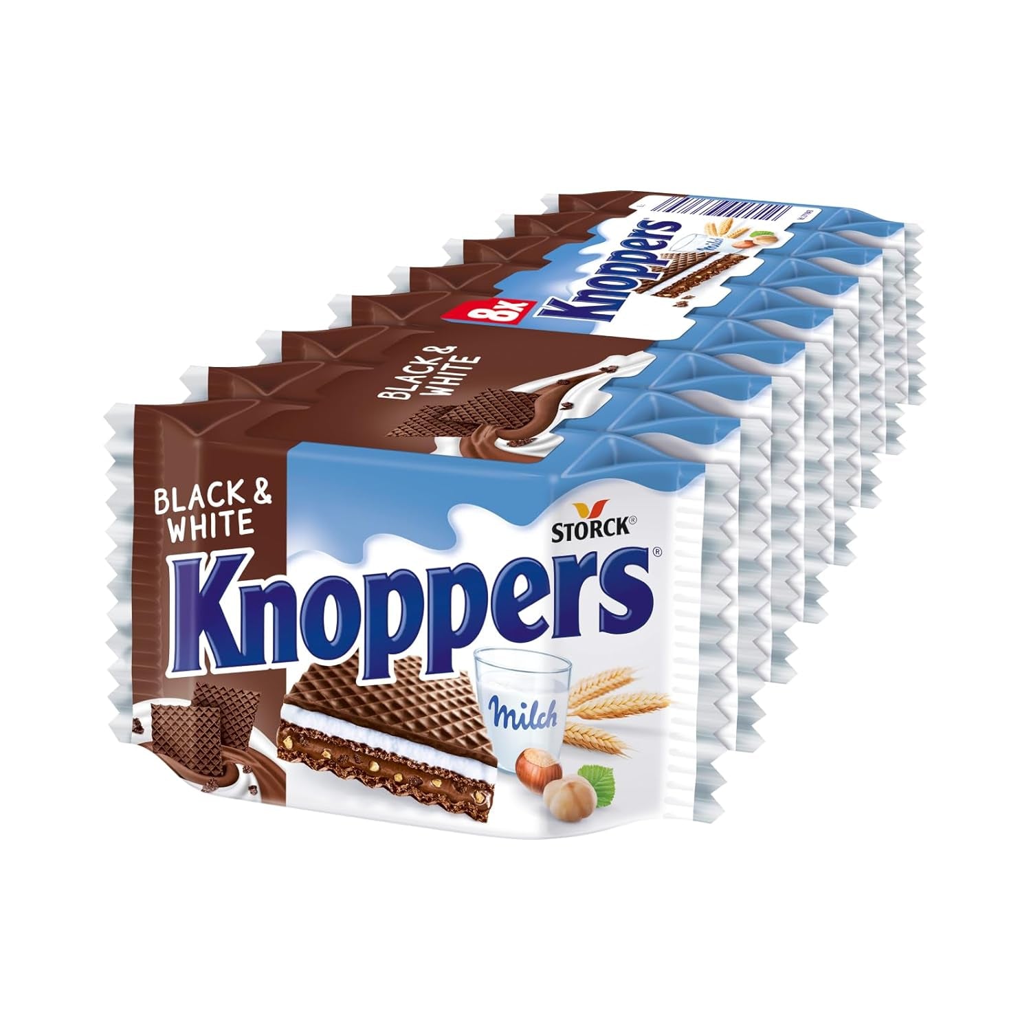 White and Black Knoppers – 8 x 25g – Oplatkové plátky plněné tmavými kakaovými oplatkami, kousky černých sušenek, mlékem a nugátovým krémem