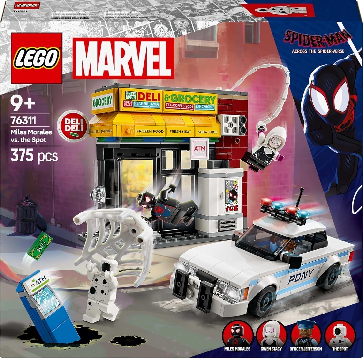 LEGO Marvel Spider-Verse: Miles Morales vs. Spot – Superhrdinská herní sada s autíčkem – 4 minifigurky a minimarket – Dárek pro chlapce a dívky od 9 let 76311 Stavebnice Besuche den LEGO-Store