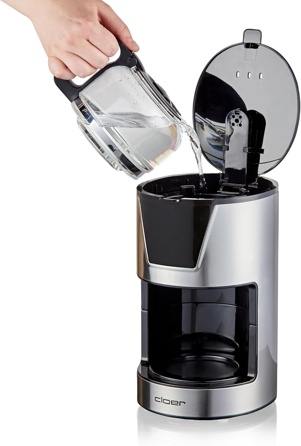 Espressor cu filtru Cloer pentru 6 cești, funcție delicată de menținere la cald, carafă din sticlă, lingură de măsurat, indicator al nivelului apei, sistem anti-picurare, oprire automată, dimensiune filtru 1x2, 550 W, oțel inoxidabil