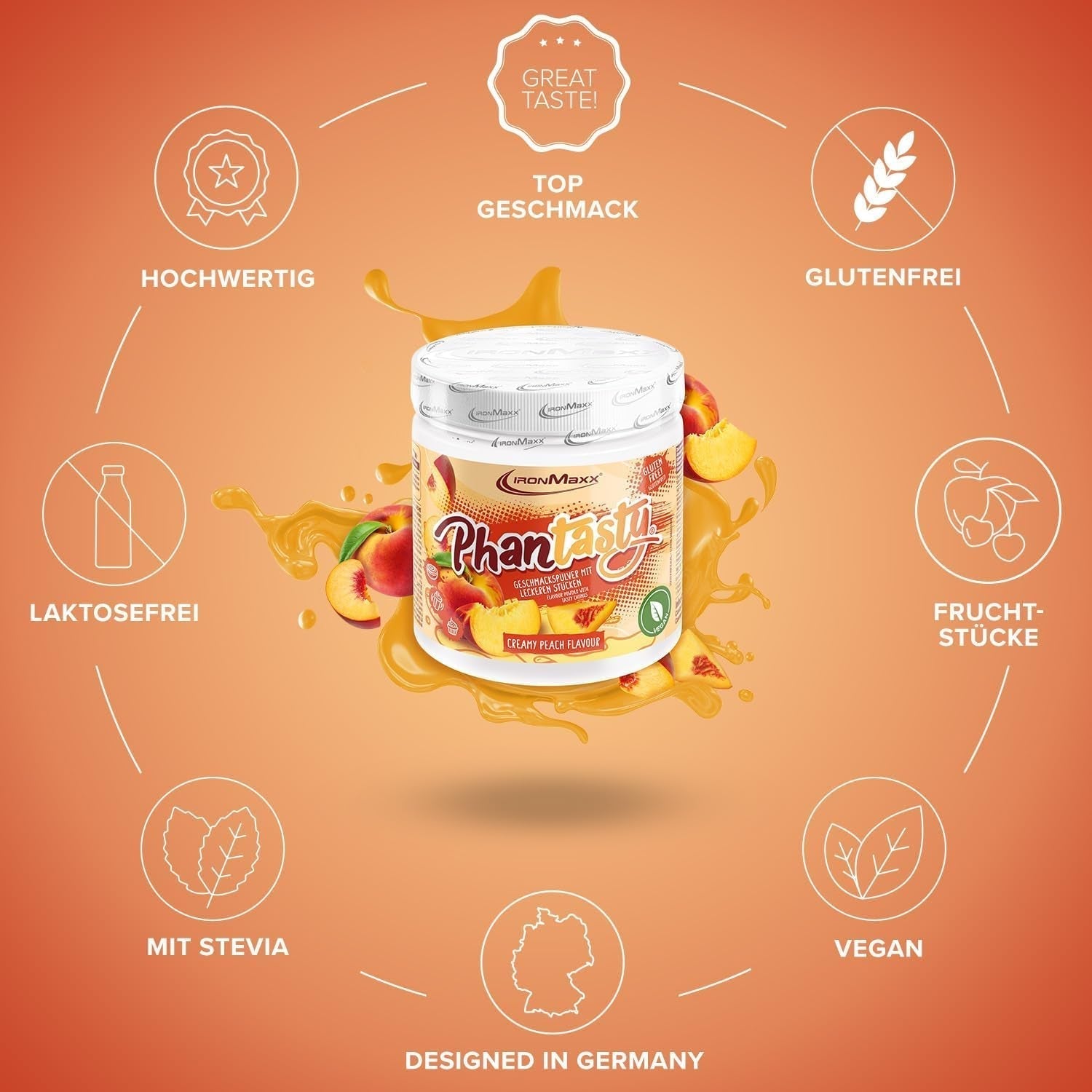 Ironmaxx Phantasty - Creamy Peach 250G Dávka | Vegan Geschmackspulver Mit Echten Frucht- Oder Nussstückchen | Perfekter Zuckerersatz Sweeteners Naty Shop