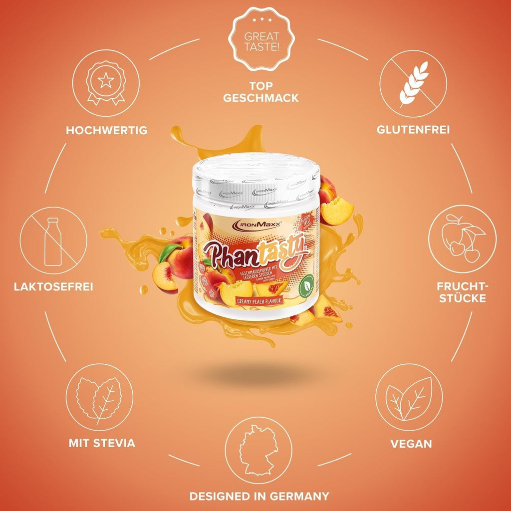 Ironmaxx Phantasty - Creamy Peach 250G Dose | Veganes Geschmackspulver Mit Echten Frucht- Oder Nussstückchen | Perfekter Zuckerersatz Indulcitori Naty Shop