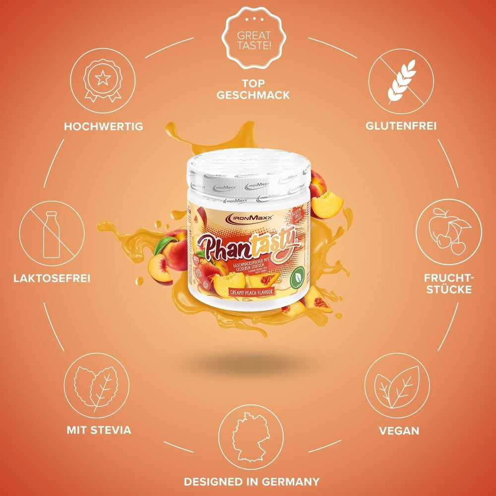 Ironmaxx Phantasty - Creamy Peach 250G Dávka | Vegan Geschmackspulver Mit Echten Frucht- Oder Nussstückchen | Perfekter Zuckerersatz Sweeteners Naty Shop
