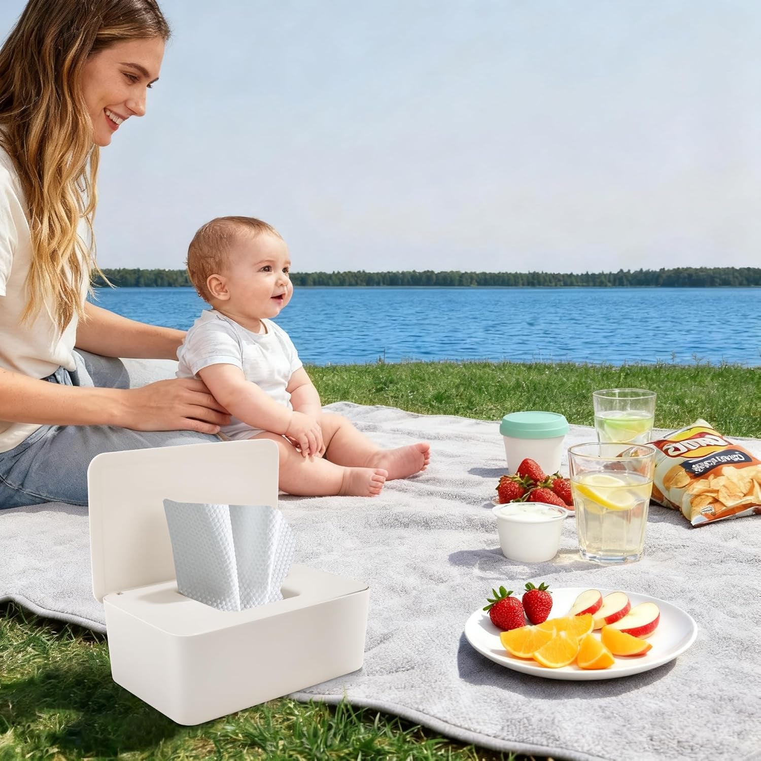 Krabička na vlhčené ubrousky s víkem, krabice na vlhčené ubrousky, zásobník na vlhčené ubrousky pro děti, vodotěsný a uzavřený úložný box, zásobník na vlhčené ubrousky do koupelny, kuchyně, bílá