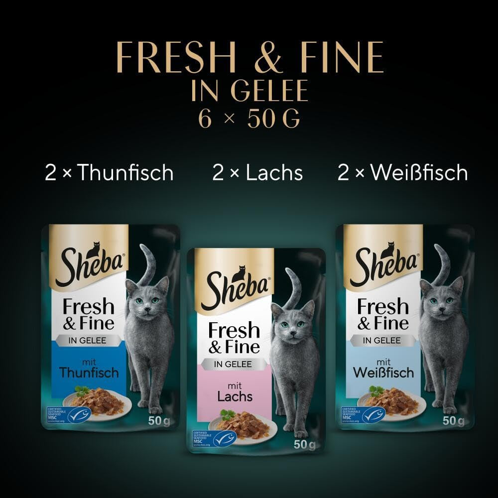 Sheba Portion Pouches Hrană umedă pentru pisici, pachet multiplu Fresh & Fine în jeleu cu ton și somon MSC, 6x6x50g - Mese sănătoase pentru pisici cu jeleu