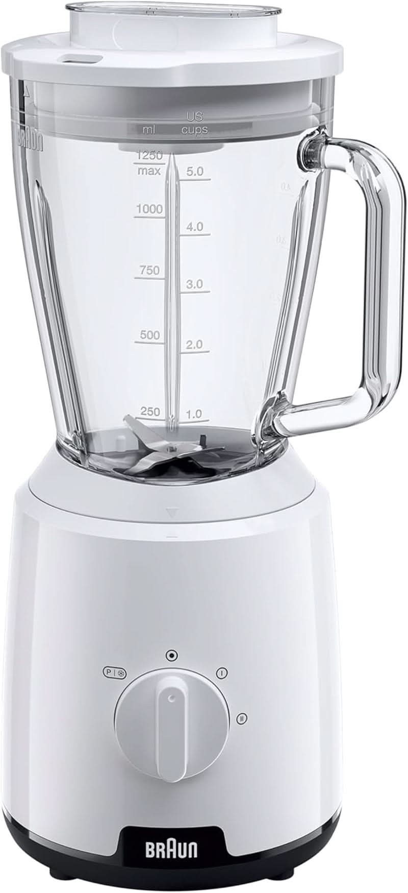 Braun Powerblend 1 JB1050WH - Stojanový mixér s 1,5 l Glas-Mixaufsatz, Küchenhelfer Zum Zerkleinern, Pürieren & Mixen, Ice-Crush-Funktion, 2 Geschwindigkeiten, 600 Watt, Weiß Bucatarie Naty-Skleněný obchod