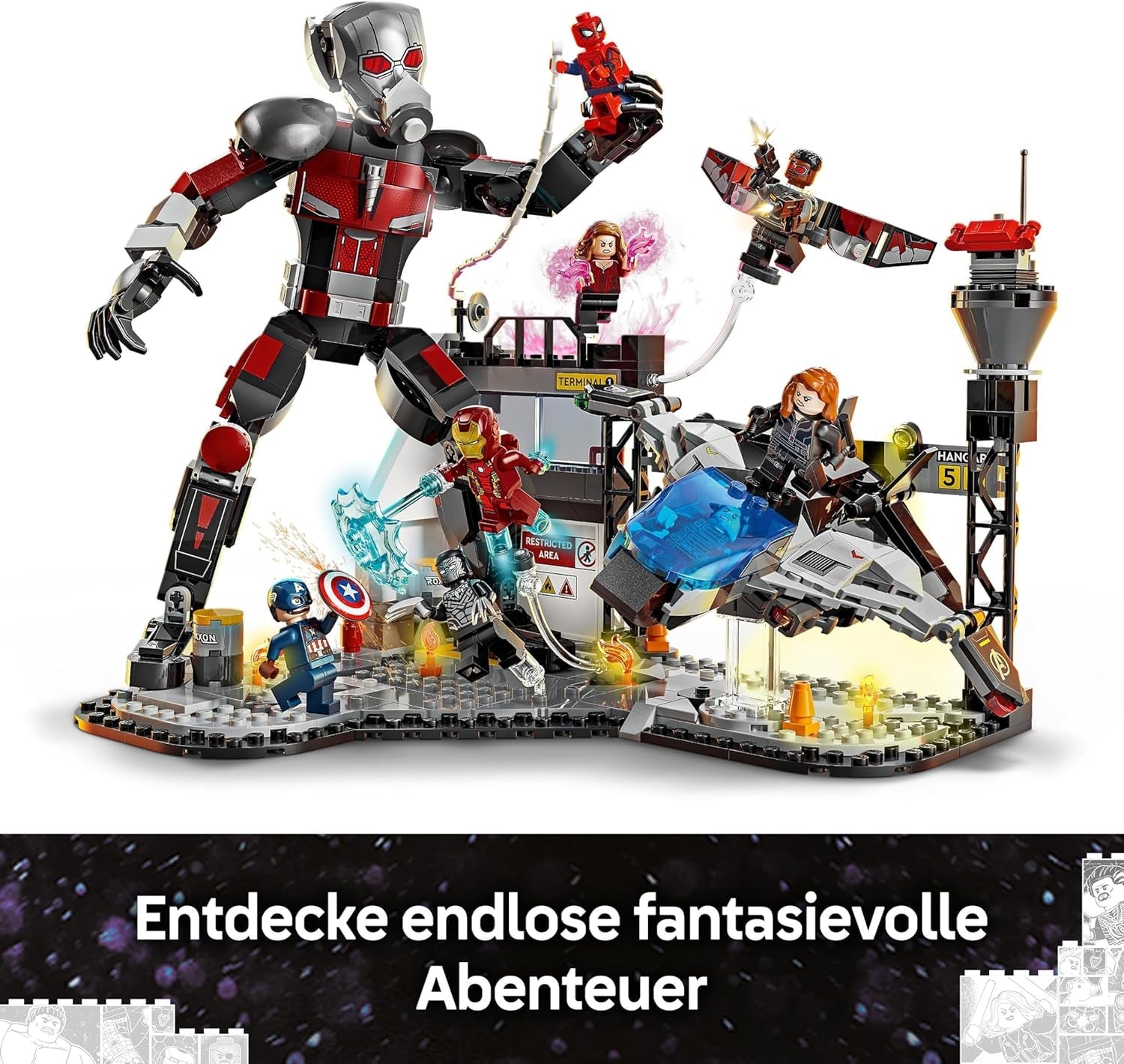 LEGO Marvel Captain America: Civil War Action Duel - Superhrdinská herní sada s 8 minifigurkami - Hračka na stavbu letadla a herní sadu - Dárek pro chlapce a dívky 76314 Stavebnice Besuche den LEGO-Store