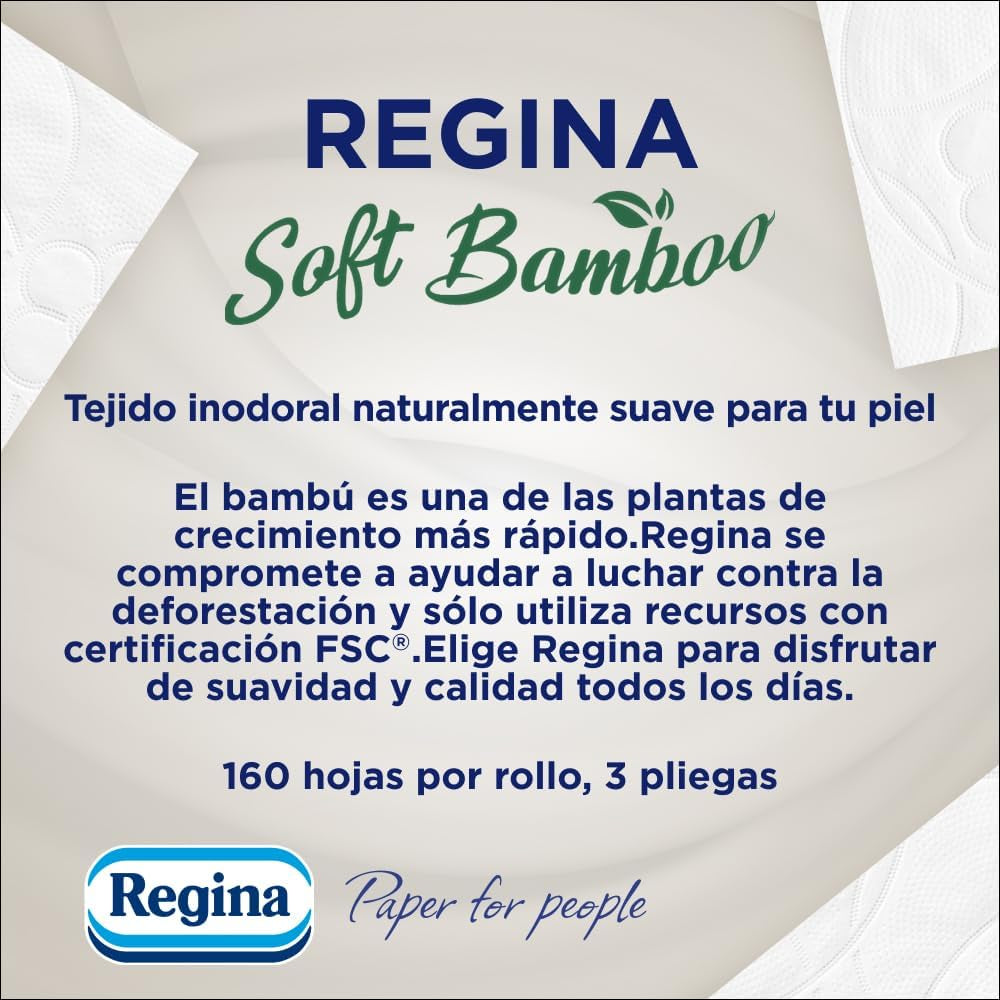 Hârtie igienică Regina Soft din bambus, 40 role, 3 straturi, 160 coli, Moliciune naturală pentru pielea ta, Hârtie igienică din fibre de bambus, Ambalaje din hârtie, Certificată Fsc