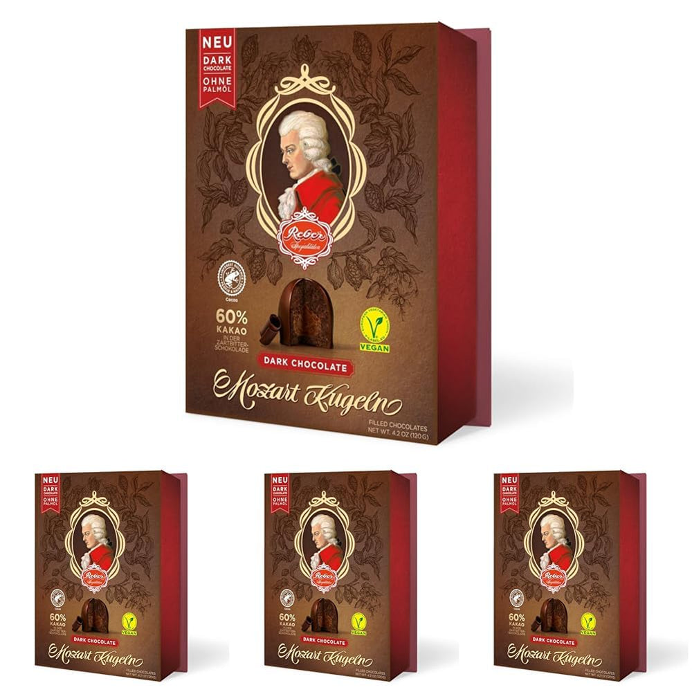 Reber Mozart kuličky s hořkou čokoládou, balení 6 ks s marcipánem a nugátem, veganské - 1 x 120 g