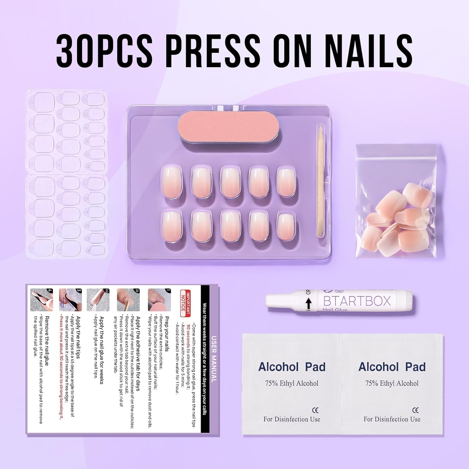 Btartbox Unghii False Scurte și Pătrate, Model Baby Boomer, pentru Lipire, Unghii False Albe, Roz Gradient, Unghii Artificiale Scurte cu Lipici de Unghii, 30 Bucăți Unghii False Artificiale Pătrate