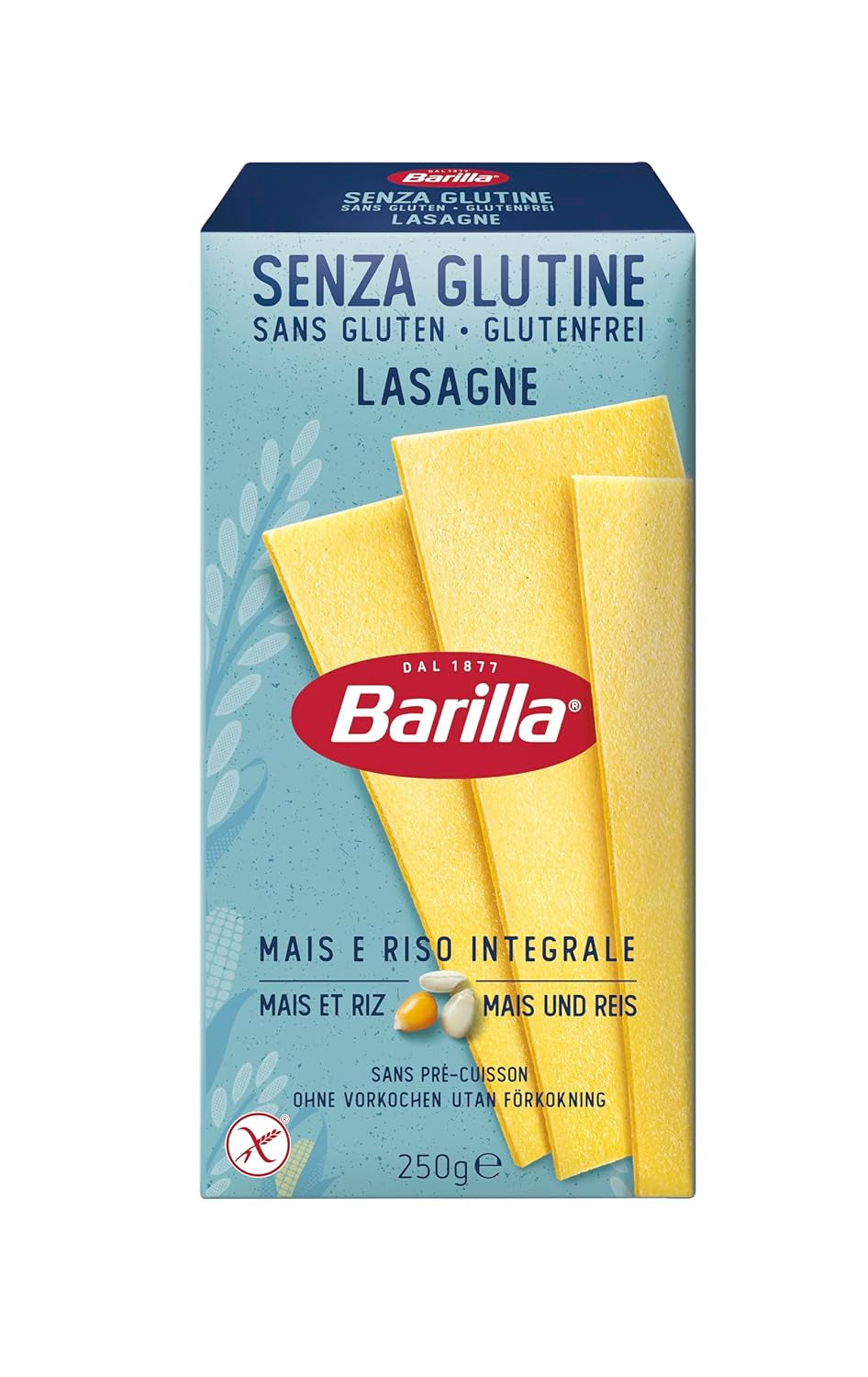Bezlepkové lasagne s těstovinami Barilla, vyrobené z lahodné kukuřice a rýže, ideální pro lidi s celiakií nebo nesnášenlivostí lepku, balení 10 ks (10 x 250 g)