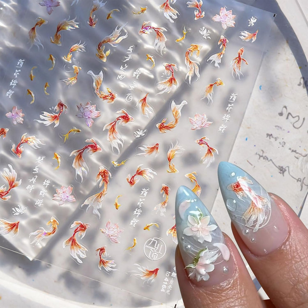 JMEOWIO 3D Nagelsticker Koi Fisch Nail Art Sticker Selbstklebend Nagelaufkleber 5D Stereoskopisch Dekoration Nageldesign Zubehör 1 Blatt