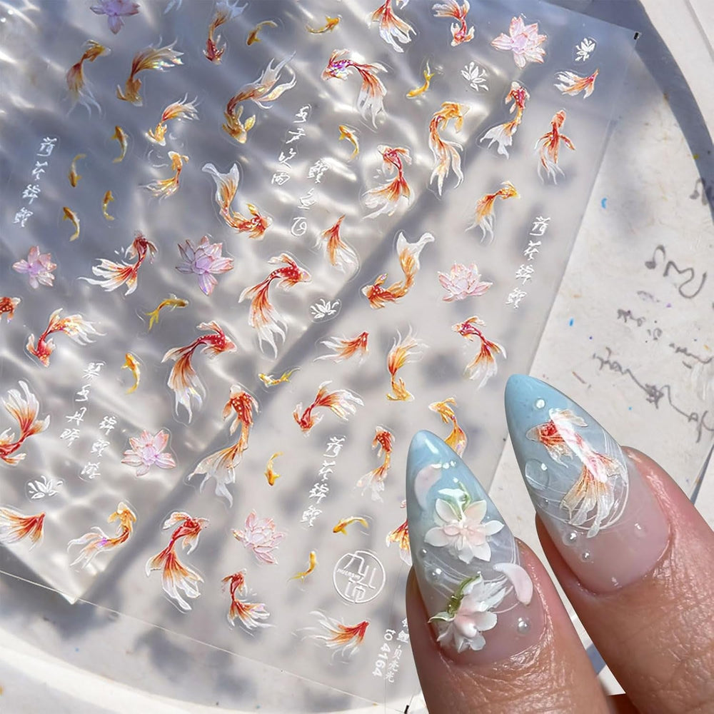 JMEOWIO 3D Nagelsticker Koi Fisch Nail Art Sticker Selbstklebend Nagelaufkleber 5D Stereoskopisch Dekoration Nageldesign Zubehör 1 Blatt