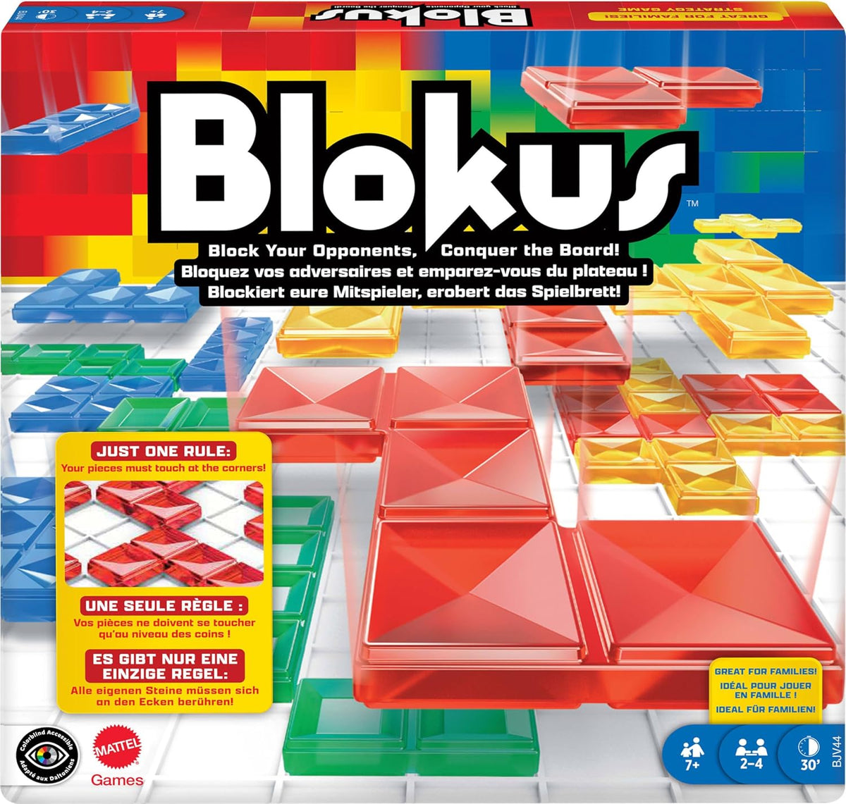 Mattel Games Blokus Game, rodinná desková hra, strategická hra, 2–4 hráči, společenská hra, věk 7+, BJV44