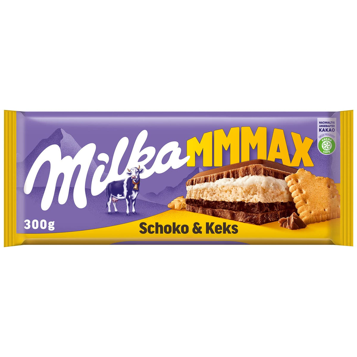 Milka Mmax Čokoláda a sušenky – Čokoláda z alpského mléka s mléčnou krémovou náplní a křupavými kousky sušenek – 300g