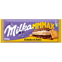 Milka Mmax Čokoláda a sušenky – Čokoláda z alpského mléka s mléčnou krémovou náplní a křupavými kousky sušenek – 300g