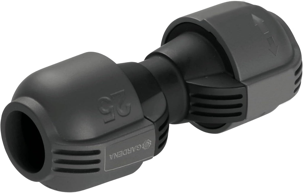 Sistem de irigații Gardena, piesă în L: Conector pentru schimbarea direcției conductei de alimentare, 25 mm, tehnologie de conectare Quick&Easy, compatibil cu conductele de alimentare Gardena de 25 mm, asamblare fără unelte (2773-20)