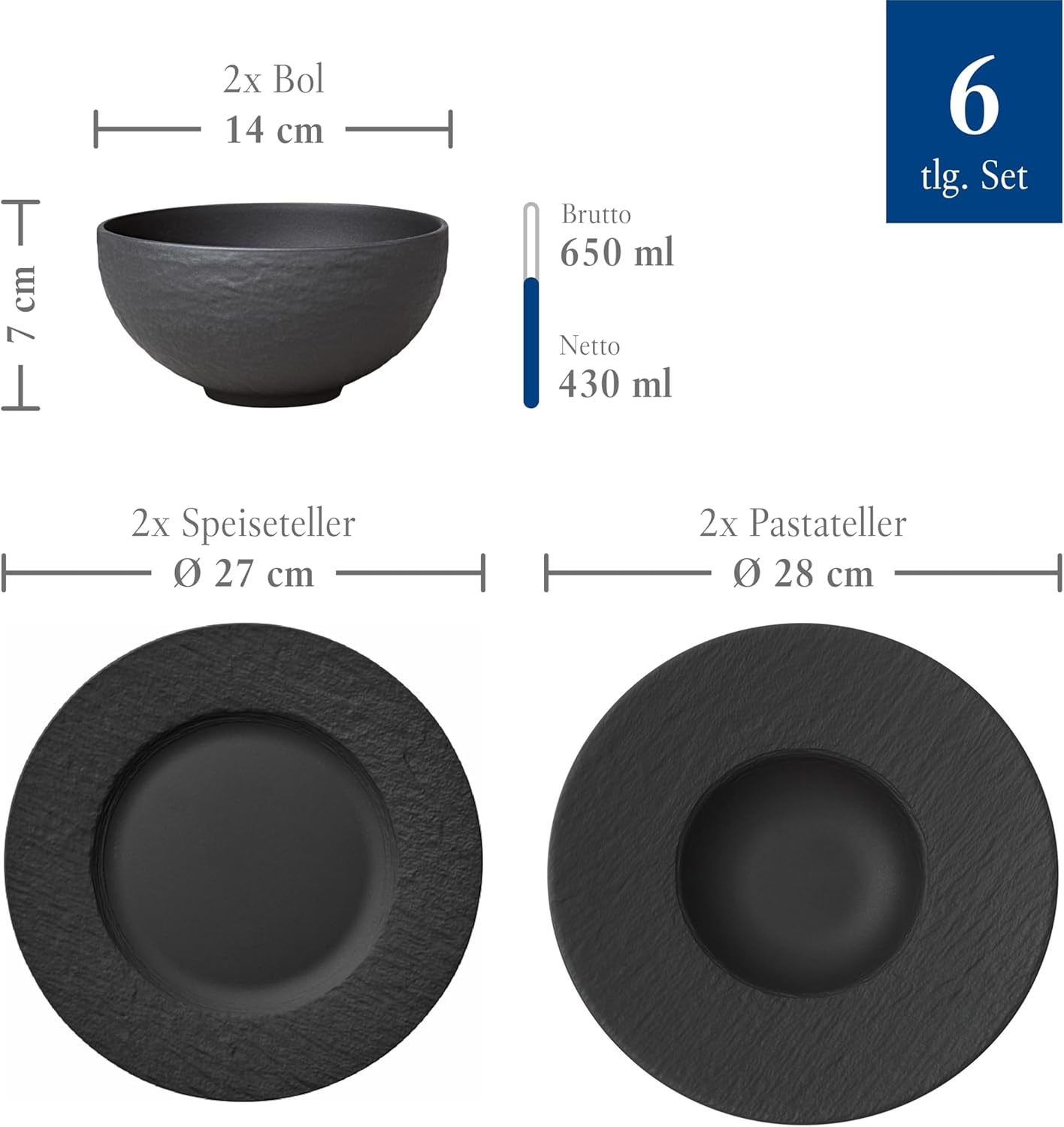 Villeroy & Boch – Manufacture Rock Starter-Set 6 Teilig Schwarz, Spülmaschinenfest, Mikrowellensicher, Geschirr Set Schwarz Matt, Tafelservice, Essgeschirr, Premium Porzellan Sady nádobí Naty Shop