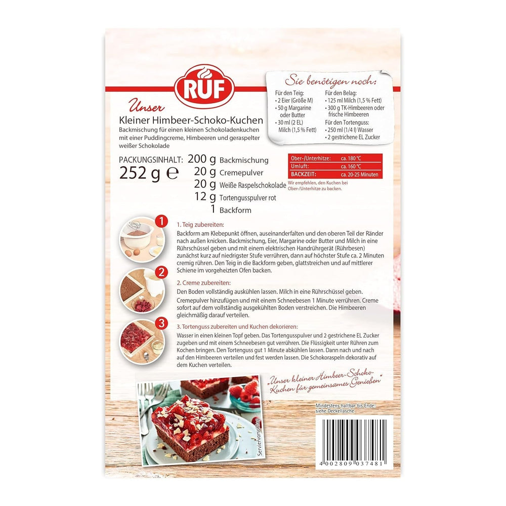 RUF Kleiner Himbeer-Schokokuchen, Mini-Kuchen Mit Feiner Puddingcreme, Himbeeren Und Weißen Schokoraspeln, Inkl. Backform, 1X252G Směs na pečení a vaření Naty Shop