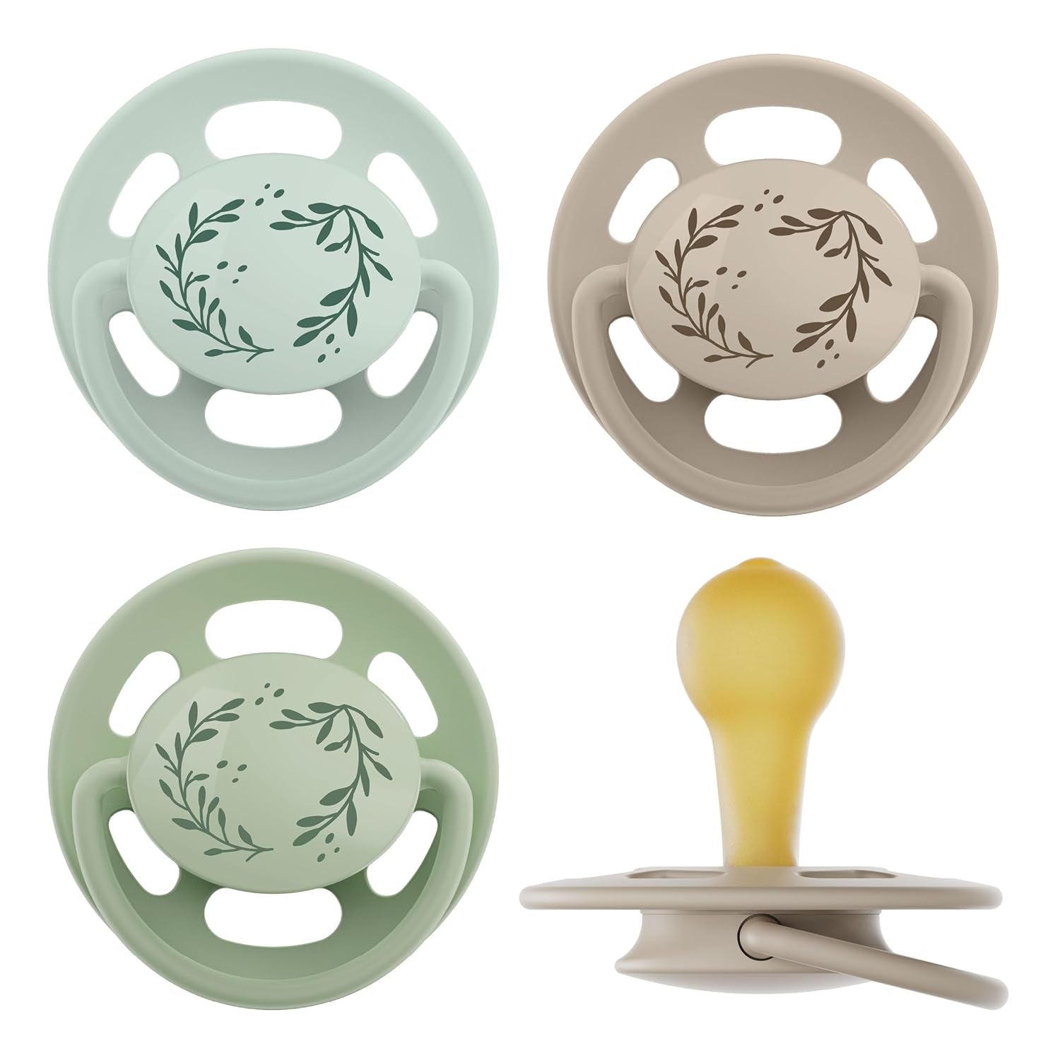 nip - Verde Cireș | 0-6 luni | Pachet de 4 | Suzetă pentru bebeluși, potrivită pentru alăptare și pentru dinți. Suzetă sustenabilă, fabricată din materii prime naturale, verde deschis/maro